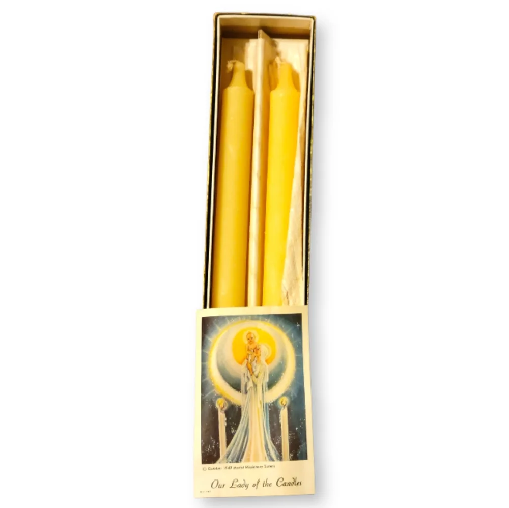 Vtg 1949 2 Blessed Candles 100% Beeswax Home Use Catholic Sick Room Necessity